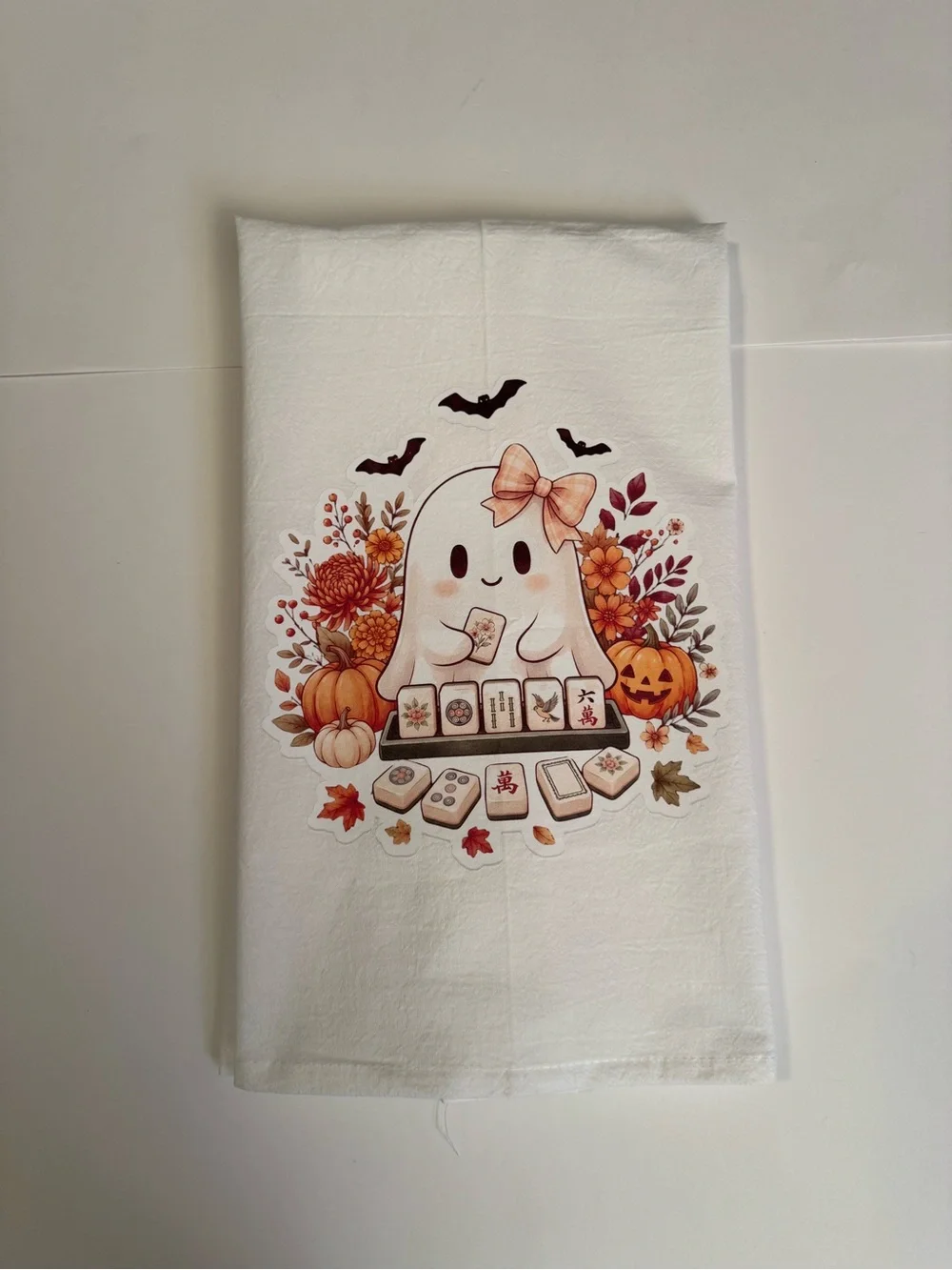 Fall Autumn Halloween Cute Ghost Mahjong kitchen Towel - White & Orange